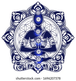 Ornate silhouette with chakras meditating in lotus position on the background of the mandala. Yoga position