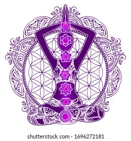 Ornate silhouette with chakras meditating in lotus position on the background of the mandala. Yoga position