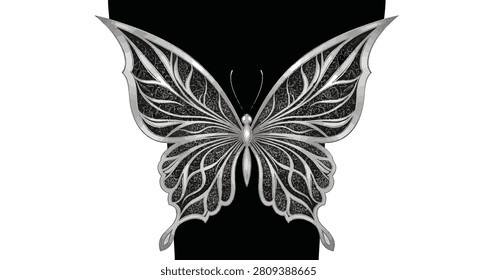 Ornate silver butterfly featuring intricate filigree wing patterns and leaf details. High-contrast symmetrical design set against a split black and white background.