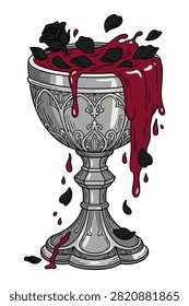 Ornate silver chalice, spilling blood, black rose petals. Dark, occult, ritualistic object.