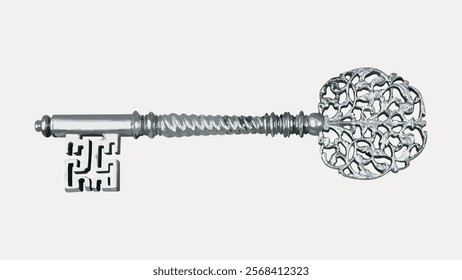 Ornate silver key with intricate design. The key features a detailed, decorative pattern. Silver key with unique, artistic craftsmanship. Elegant silver key design. Vintage art vector element.