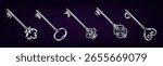 Ornate silver keys with intricate designs against a dark purple background. Elegant and vintage style for antique themes. Suitable for key and lock concepts.