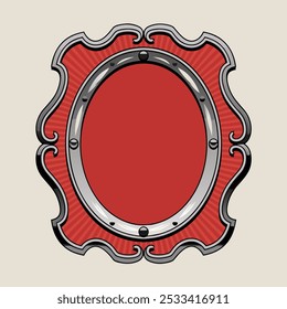 An ornate, silver-trimmed red shield, perfect for adding a touch of medieval elegance to your designs. This versatile graphic is ideal for heraldic projects, logo design.