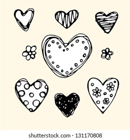 Ornate sketch hearts. Hand drawn cute background.