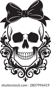 Ornate Skull with Bow Silhouette  Gothic Scrollwork and Bowtie Vector

