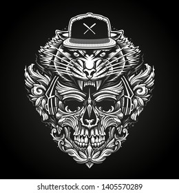 Ornate Skull in Headphones and Tiger Head in Snapback abstract vector illustration.