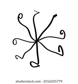 Ornate sparkle hand drawn black and white snowflake. Brush, ink. Christmas decor element. Noel and New Year party day card, pattern element and winter symbol. Vector, clipart.