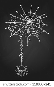 Ornate spiderweb with hanging skull. Hand drawn Halloween celebration design element symbol. Vector illustration in white over black chalkboard.