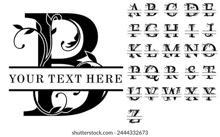 Ornate Split Alphabet Monogram Letters A-Z, Split Letter, Split Font