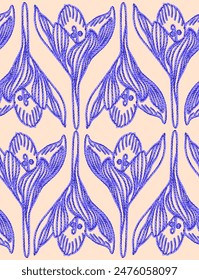 Ornate spring lace seamless pattern with crocus flowers in embroidery style. Endless design in handicraft style for bedding, wrapping paper, package, fabric, textile.