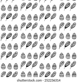Ornate spring seamless texture, endless pattern  with eggs and feather.Seamless pattern can be used for wallpaper, pattern fills, web page background, surface textures.Hand drawn illustration