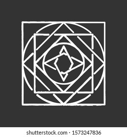 Ornate square chalk icon. Decorative geometric figure. Circles and square elements. Dynamic abstract cubic shape. Complex isometric form. Simple print. Isolated vector chalkboard illustration