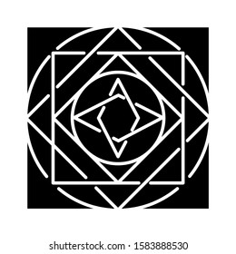 Ornate square glyph icon. Decorative geometric figure. Circles and square elements. Dynamic abstract shape. Complex isometric form. Silhouette symbol. Negative space. Vector isolated illustration
