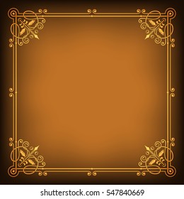 Ornate square golden frame on dark saturated background. Page decoration, corners. Transparency effects applied. 