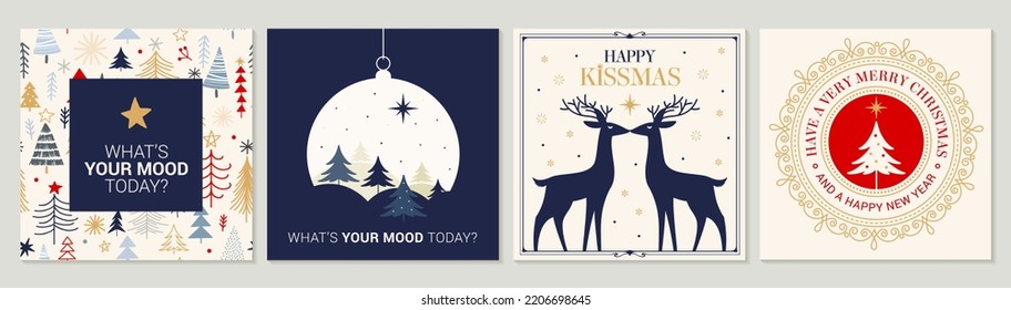 Ornate square winter holidays greeting cards with New Year tree, reindeers, Christmas Dove, typographic design, floral and swirl frames. Vector illustration