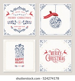 Ornate square winter holidays greeting cards with typographic design, Christmas ball, gift box and deers. Vector illustration.