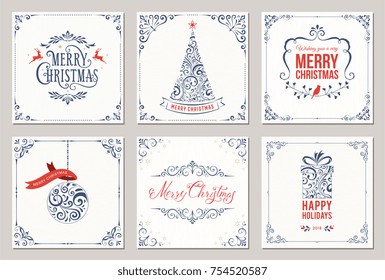 Ornate square winter holidays greeting cards with New Year tree, gift box, Christmas ornaments, swirl frames and typographic design. Vector illustration.