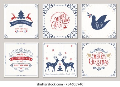 Ornate square winter holidays greeting cards with New Year tree, reindeers, Christmas ornaments, Peace Doves, swirl frames and typographic design. Vector illustration.