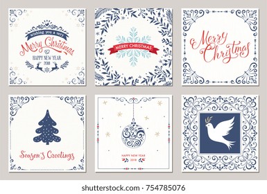 Ornate square winter holidays greeting cards with New Year tree, reindeers, Christmas ornaments, Peace Dove, snowflake, typographic design, swirl and floral frames. Vector illustration.