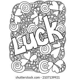 Ornate St. Patrick's Day Coloring Page, Word Luck Among Clover and Fantasy Patterns vector illustration