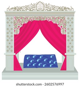Ornate Stage with Pink Curtains and Blue Cushions