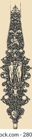 Ornate Stipple Engraving of Classical Figures and Decorative Scrollwork