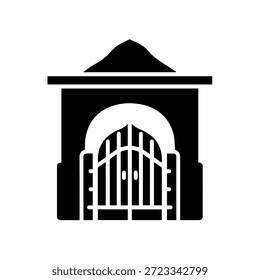 Porta de arco de pedra ornamentada com ilustrações de vetor de silhueta de telhado pontiagudo para entrada do palácio e projeto histórico de propriedade arquitetônica