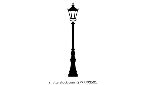 Ornate street lamp post in black silhouette against a white background lantern lighting fixture outdoor