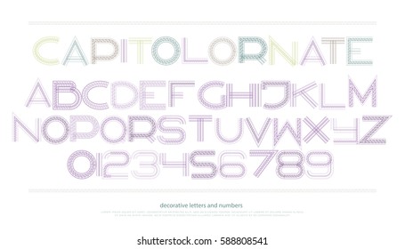 ornate style alphabet letters and numbers. vector font type design. modern lettering symbol decor. abstract, decorative typesetting. ornamental typeface template