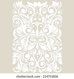 Ornate with stylized butterfly. Floral background with swirl and leaf.
