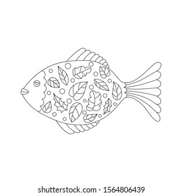 Ornate stylized fish for adult coloring book. Design element isolated on white background. Cartoon fish with floral texture for antistress coloring page. Vector illustration in zentangle style.