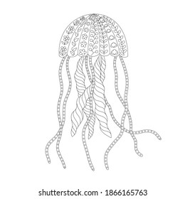 Ornate stylized jellyfish for adult coloring book. Design element isolated on white background. Cartoon medusa with floral texture for antistress coloring page. Vector illustration in zentangle style.