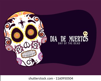 Ornate sugar skull or calavera on purple background with lettering Dia De Muertos in Spanish Language for celebration concept poster banner design.