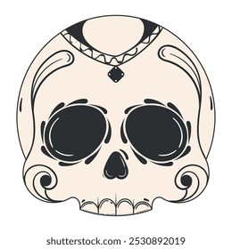 Ornate sugar skull with circular designs in black and white, Vector