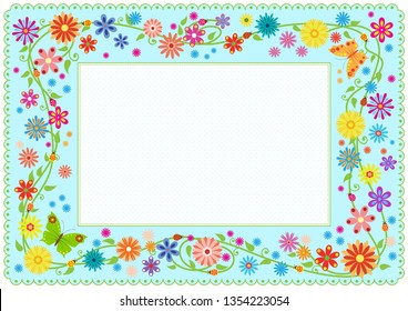 Ornate summer framework with abstract flowers, butterflies and ladybugs on stems. Template for card, diploma, certificate for kids. Pattern brush included in EPS file. 