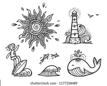 Ornate sun, surfer on wave, fishes, whale and lighthouse line art vector designs isolated on white background. Surfing stickers set.