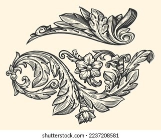 Ornate girando con motivos florales. Elementos decorativos de diseño floral. Ilustración vectorial de patrones en estilo de grabado vintage