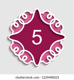 Ornate table number card for wedding or anniversary celebration with laser cut silhouette pattern, cutout paper or plastic panel, vector illustration