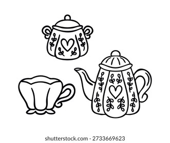 Ornate tea set with heart line art outline, monochrome hand drawn. Vector illustration.