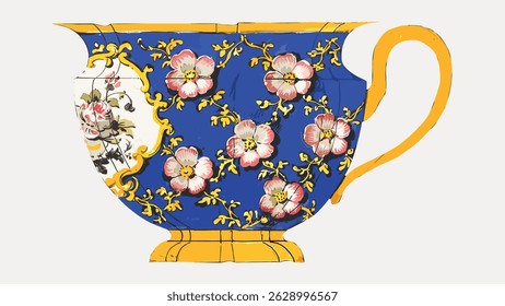 Ornate teacup design with floral patterns. Blue and gold colors dominate. Floral motifs and intricate details enhance the teacup's elegance and charm. Vintage art illustration vector.