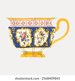 Ornate teacup with floral and bird motifs. Decorative teacup features intricate designs. Elegant teacup, vibrant colors and detailed patterns. Vintage art drawing illustration, painting art vector.