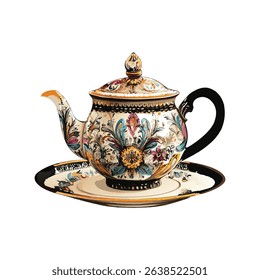 Ornate Teapot and Saucer Exquisite Floral Design Vintage Elegance