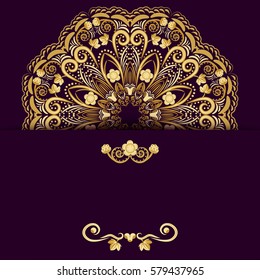 Ornate template for design invitations or Save The Date card. Gold flower mandala on purple background. Vector illustration.