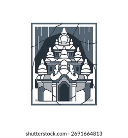 Ornate temple facade with multiple domes and arches in a structured frame