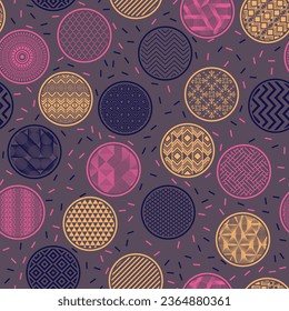 Ornate textile swatch vector seamless ornament. Bubble shapes with oriental patterns inside. Asian motives in circles. Mottled texture background. Candy wrapper design.