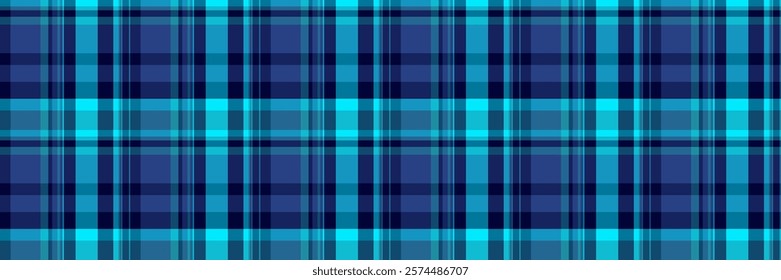 Ornate texture background textile, tablecloth plaid seamless pattern. Finish tartan check vector fabric in cyan and blue colors palette.