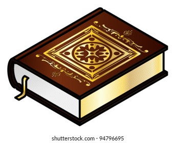 An ornate thick brown leather book with gilded illumination and leaves. And a golden ribbon bookmark.