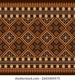 Ornate traditional geometric pattern in brown and gold hues. The design is intricate, featuring various shapes and textures. The aesthetic suggests heritage or a traditional cultural aspect