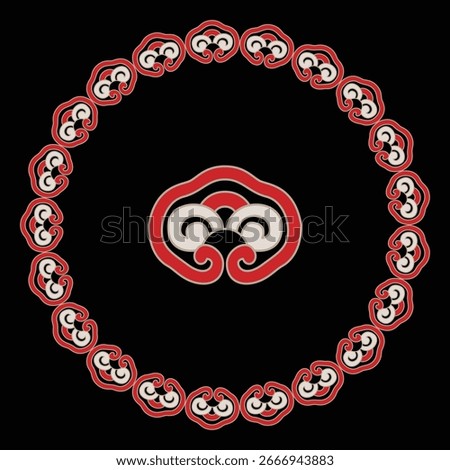 An ornate traditional red and beige cloud pattern forms a detailed round border design.