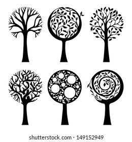 Ornate trees isolated on white background. Duotone illustration.